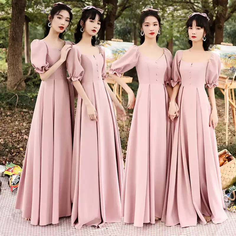 신부 들러리 드레스 빈티지 a-라인 3 분기 v-넥 오프 숄더 저지 럭셔리 콩 핑크 레이디 웨딩 파티 가운 E538